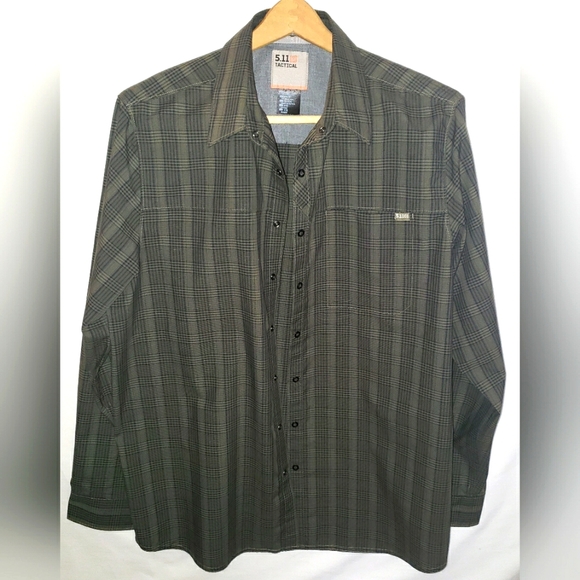 511 Tactical Shirt Mens L  Large Snap Button Green & Black Plaid Long Sleeve - Picture 11 of 11